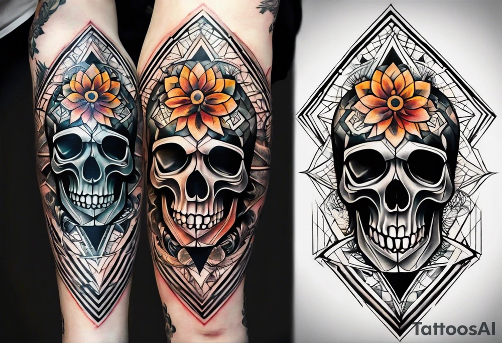knee tattoo with sacred geometry, skull, swirls & washes in background in fall colors tattoo idea