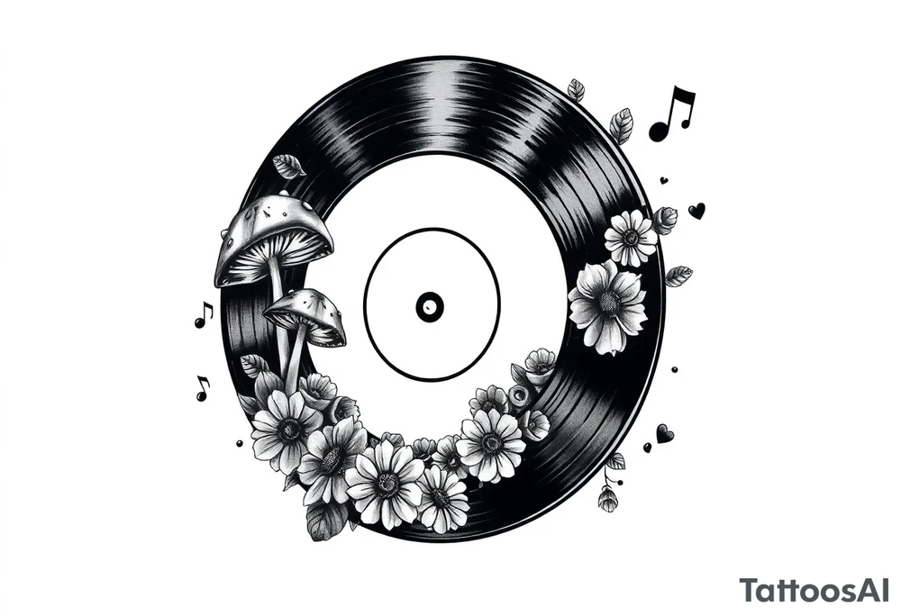 vinyl record with mushrooms, flowers, hearts, and music notes tattoo idea