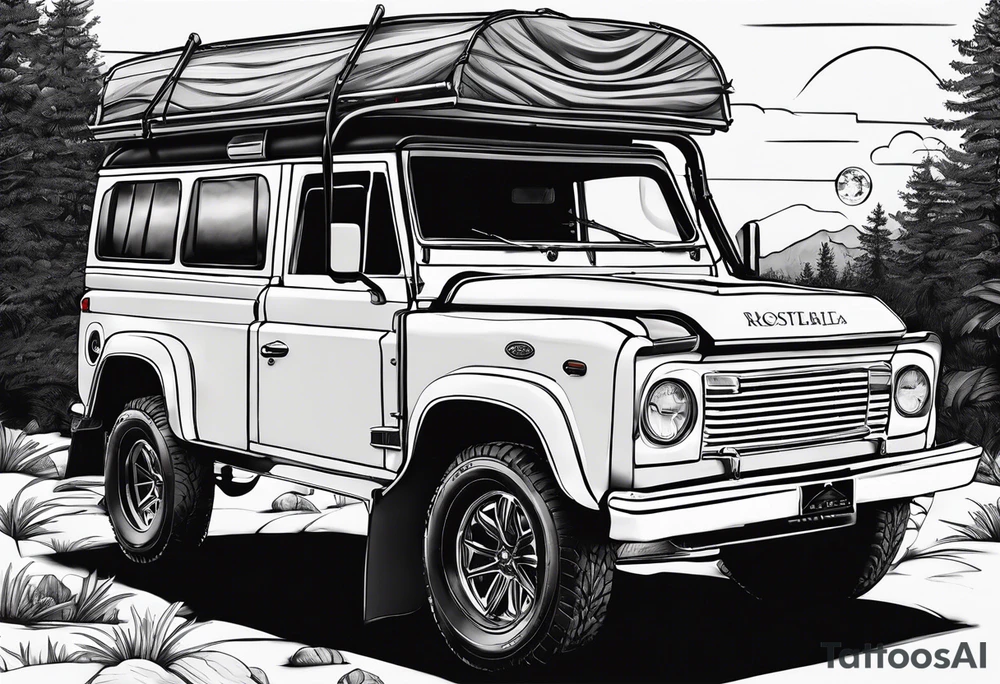 Car with a rooftent and add a citation in aboriginal Australian words in reference of the time. Tattoo seulement en ligne sans ombrage ni comblage. tattoo idea