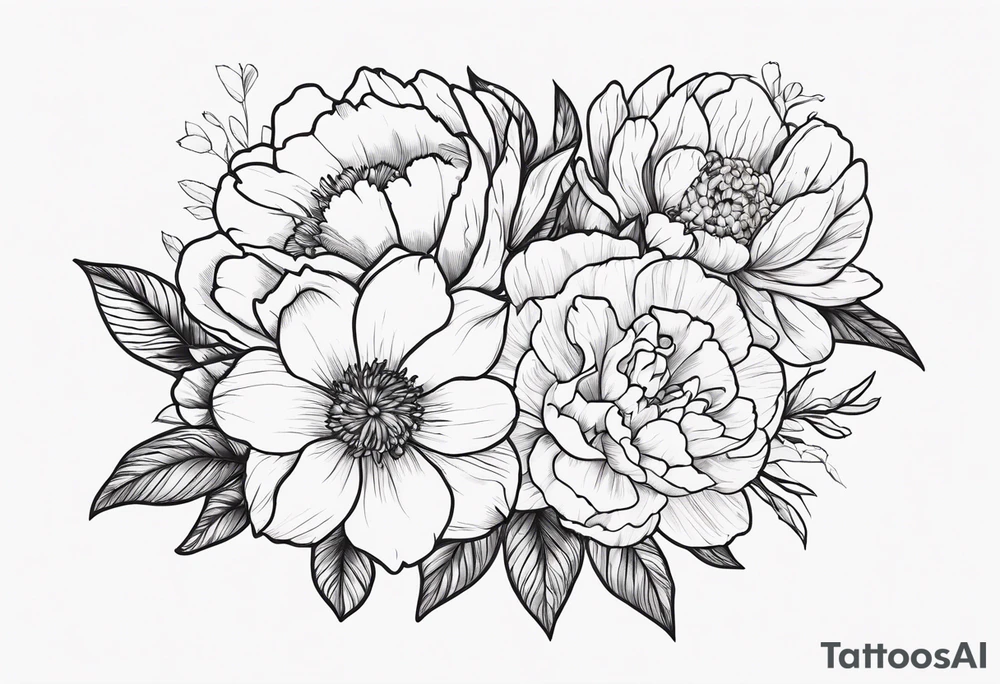 tattoo design with all these flowers peony, carnation, daffodil, daphne, dahlia, desiree, daisy and rose and label the flower name tattoo idea