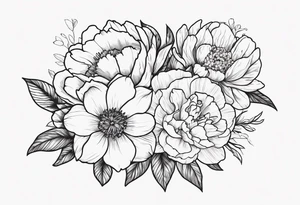 tattoo design with all these flowers peony, carnation, daffodil, daphne, dahlia, desiree, daisy and rose and label the flower name tattoo idea