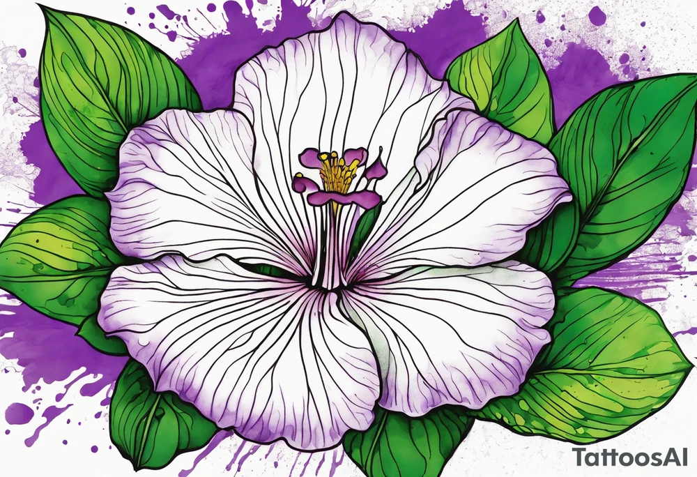 An outline of a green rio dipladenia flower and a purple watercolor splash in the background tattoo idea