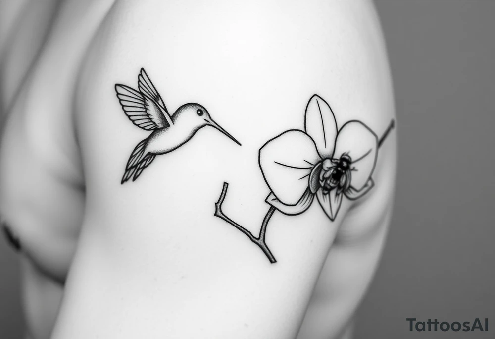 A delicate, black and white fine-line tattoo for male, featuring gracefully detailed 2 orchids in full bloom including their stems, with soft, intricate petals and elegant curves. Beside it, a hummingbird hovers mid-flight, its wings drawn with subtle motion lines, its slender beak reaching toward the orchid’s center to drink its nectar. on the other flower there is a bee that is resting tattoo idea