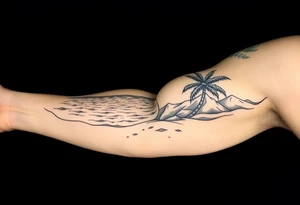 fine line, peaceful, serene, timeless, ocean, sand, palm tree, sun tattoo idea