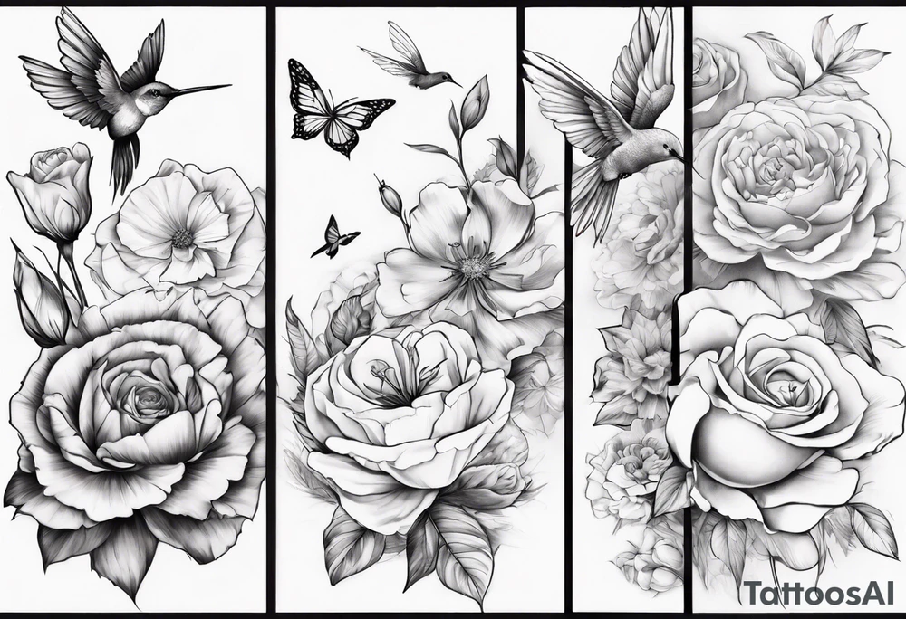 a sleeve tattoo of four flowers , Paperwhites flower, Peony flower, Cosmos Flower, Rose Flower, a hummingbird sucking on the rose flower and two butterflies flying. tattoo idea