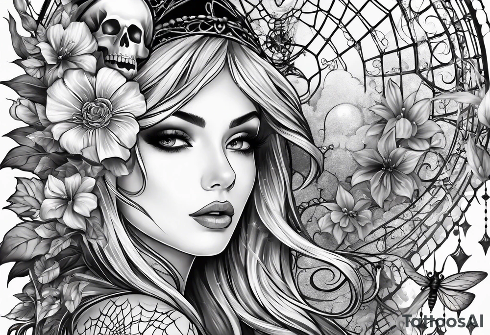 Full sleeve with fairy’s and skulls and spiderwebs tattoo idea