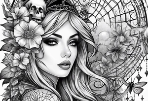Full sleeve with fairy’s and skulls and spiderwebs tattoo idea