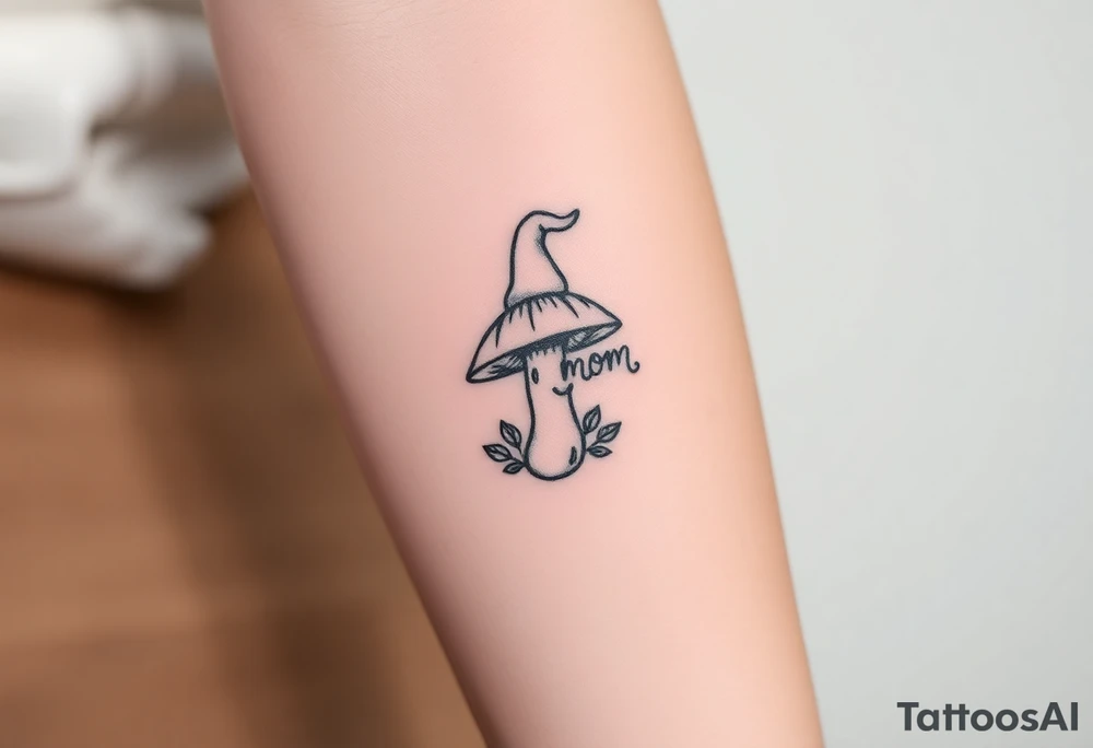 Mushroom with word mom on it with gnome on top tattoo idea
