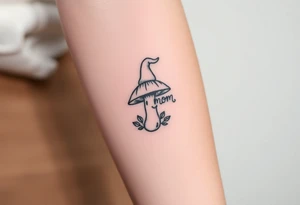 Mushroom with word mom on it with gnome on top tattoo idea