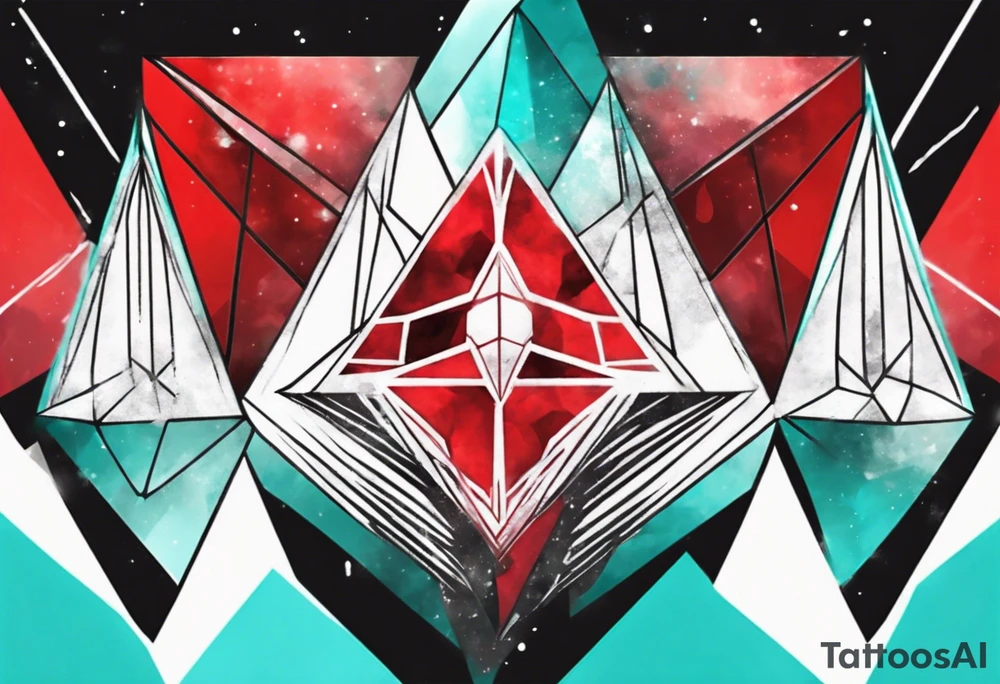 Geometric ethereum space single image, abstract art, red and cyan, pigment acquarel color tattoo idea