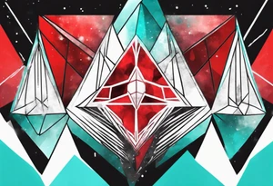 Geometric ethereum space single image, abstract art, red and cyan, pigment acquarel color tattoo idea