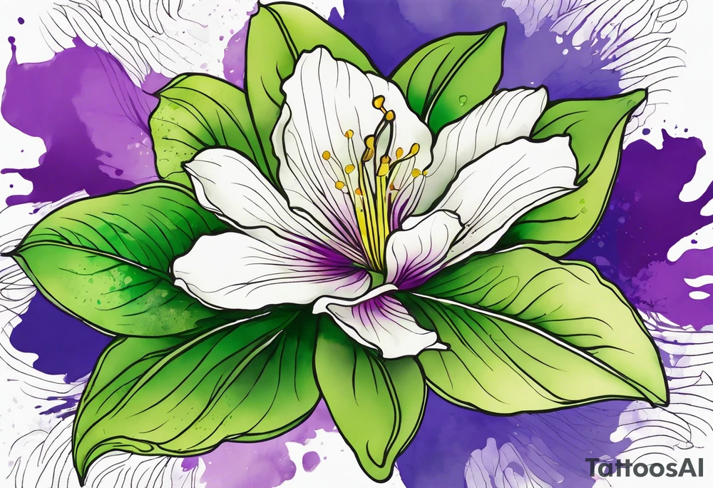 An outline of a green rio dipladenia flower and a green and purple watercolor splash in the background tattoo idea