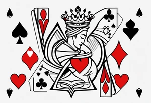 one combined tatto in minimalistic style with icon style three king of spades and icon style one queen of hearts. extreme minimalstic and few lines. much more minimalistic and fewer lines tattoo idea