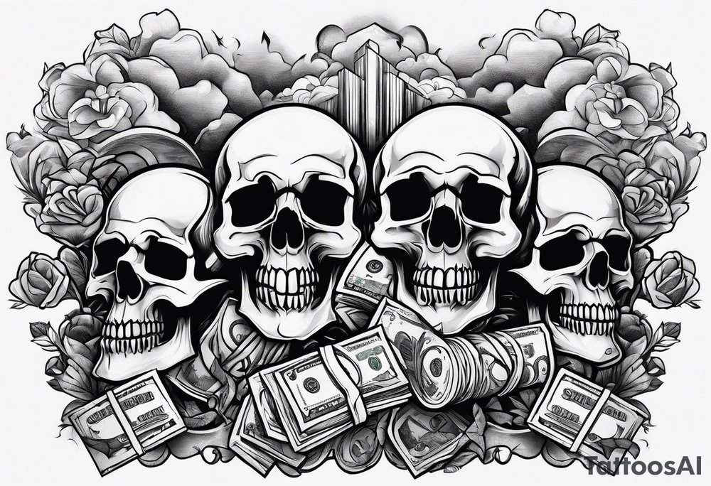 Smoke rising money stacks Savage letters skulls tattoo idea