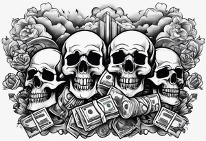 Smoke rising money stacks Savage letters skulls tattoo idea