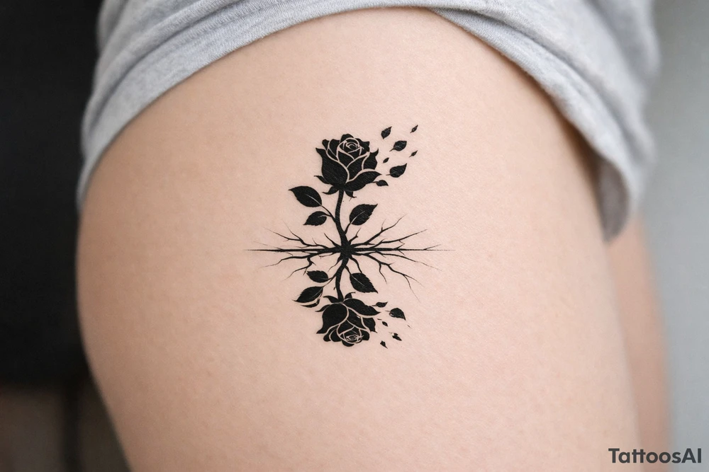 Rose silhouette, shattering petals, mirrored in a cracked surface. tattoo idea