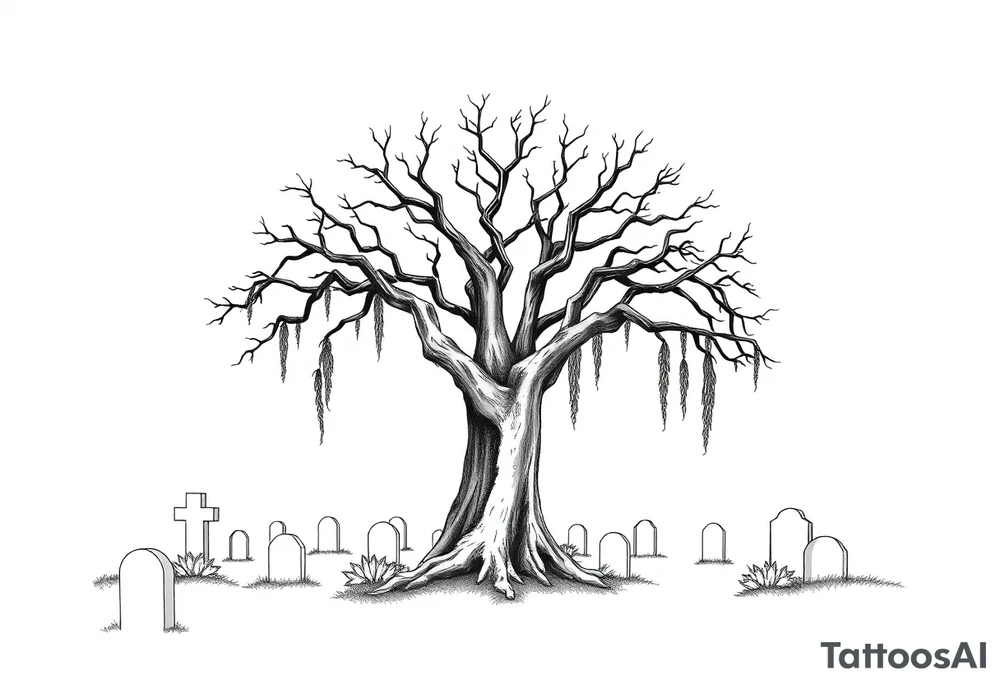 Laurel oak with Spanish moss in a cemetery tattoo idea