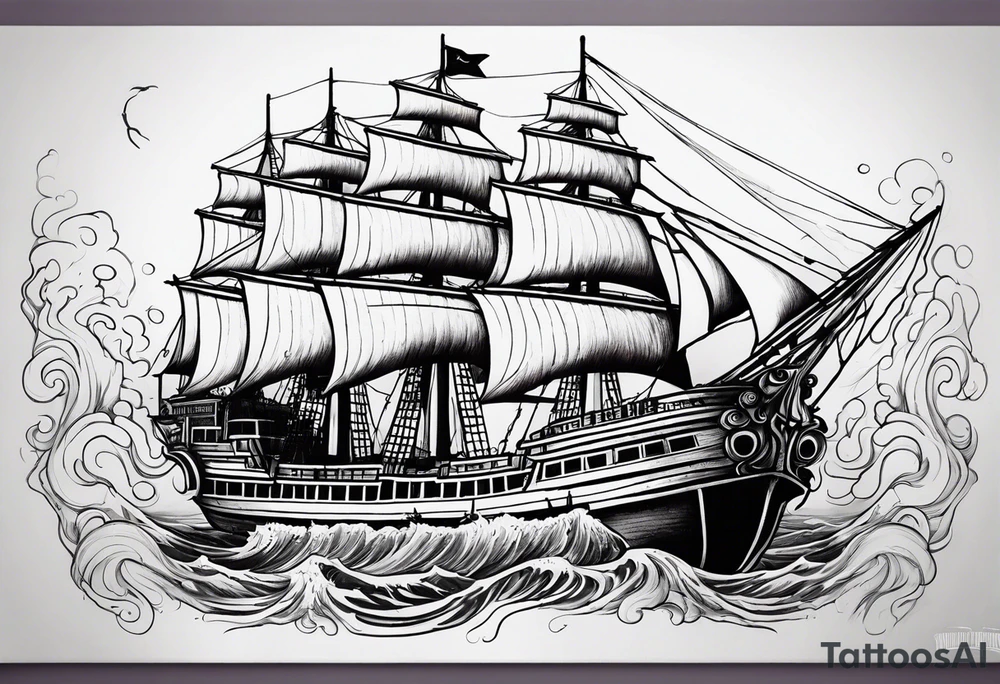 Purple and green kraken blue water brown ship breaking tattoo idea