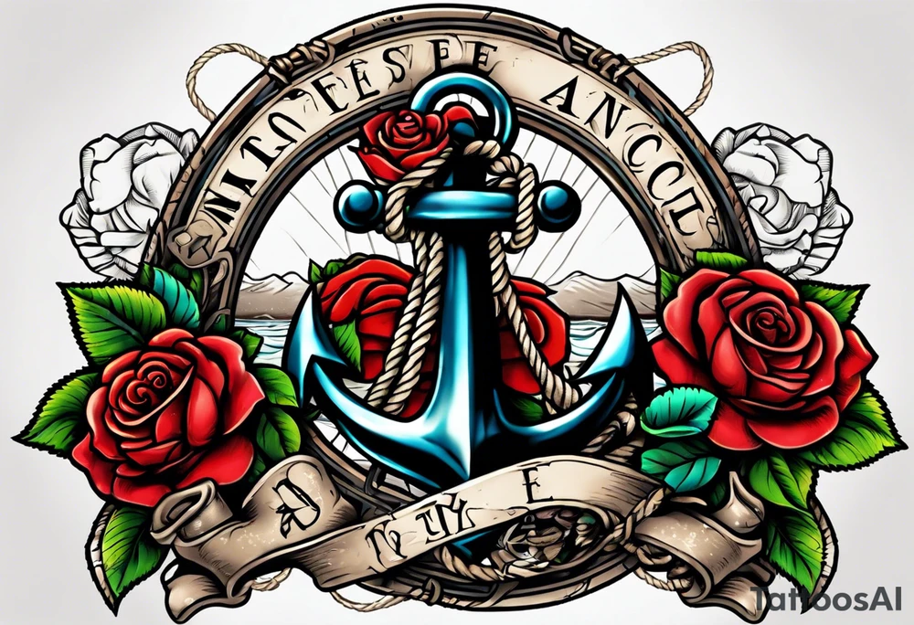 old school anchor with rope wrapped around anchor and banner across anchor and old school roses tattoo idea