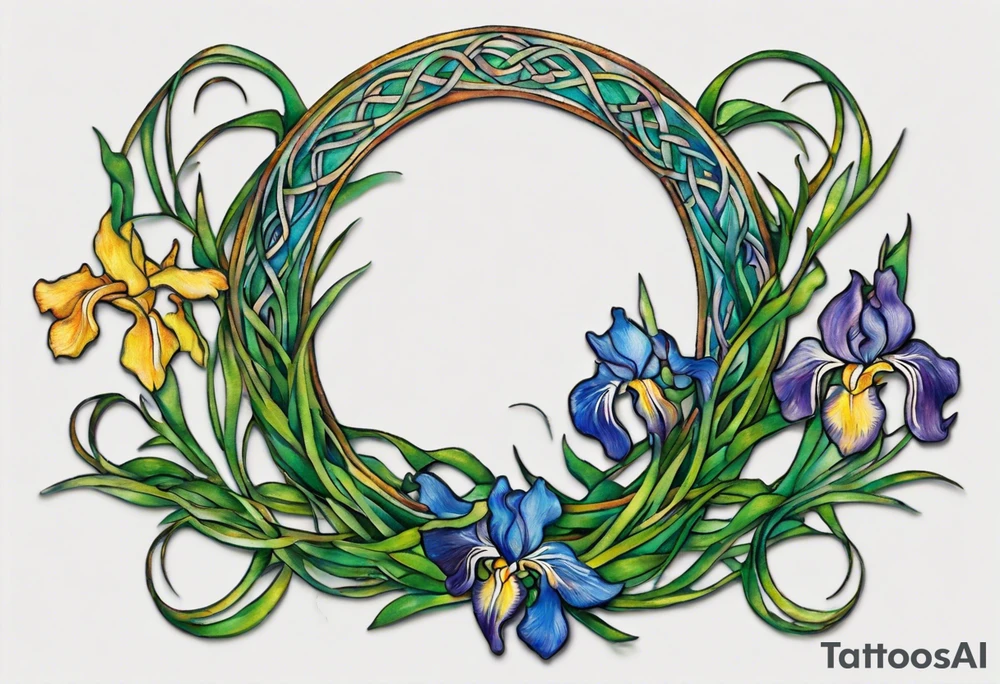 Create a small, colorful Vincent van Gogh Irises tattoo in the form of a crescent, with vines in Celtic knot style gracefully intertwining at a central point in the middle of the wreath. The intended placement is on the upper chest. The middle needs mountains. The overall design should be small in size while maintaining a delicate and artistic aesthetic. Pay attention to the graceful flow of the vines and the placement of the irises to achieve a refined and elegant look. tattoo idea