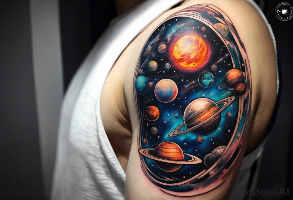Sleeve tattoo of planets orbiting a supermassive black hole. tattoo idea