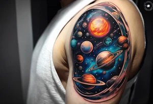 Sleeve tattoo of planets orbiting a supermassive black hole. tattoo idea