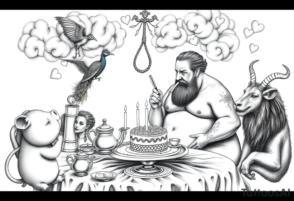 naked fat lady having a tea party with tea pots and 
with a pig, peacock, noose, lion, goat, smoking cigerettes looking in the mirror having sex with a man eating a cake thru storm clouds with knife and broken hearts and darkness and wrath tattoo idea