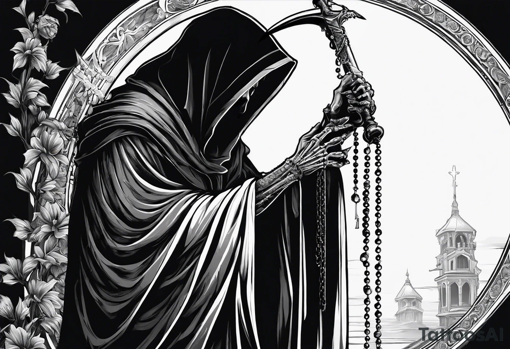 The grim reaper standing from a side profile praying with a rosary wrapped around his hands from a far with skeleton hands show his whole body tattoo idea