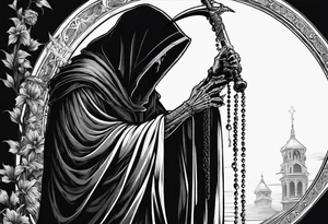 The grim reaper standing from a side profile praying with a rosary wrapped around his hands from a far with skeleton hands show his whole body tattoo idea