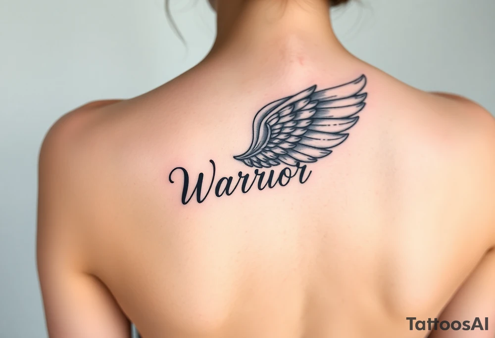 beautiful vibrant single angel wing with word "Warrior" tattoo idea