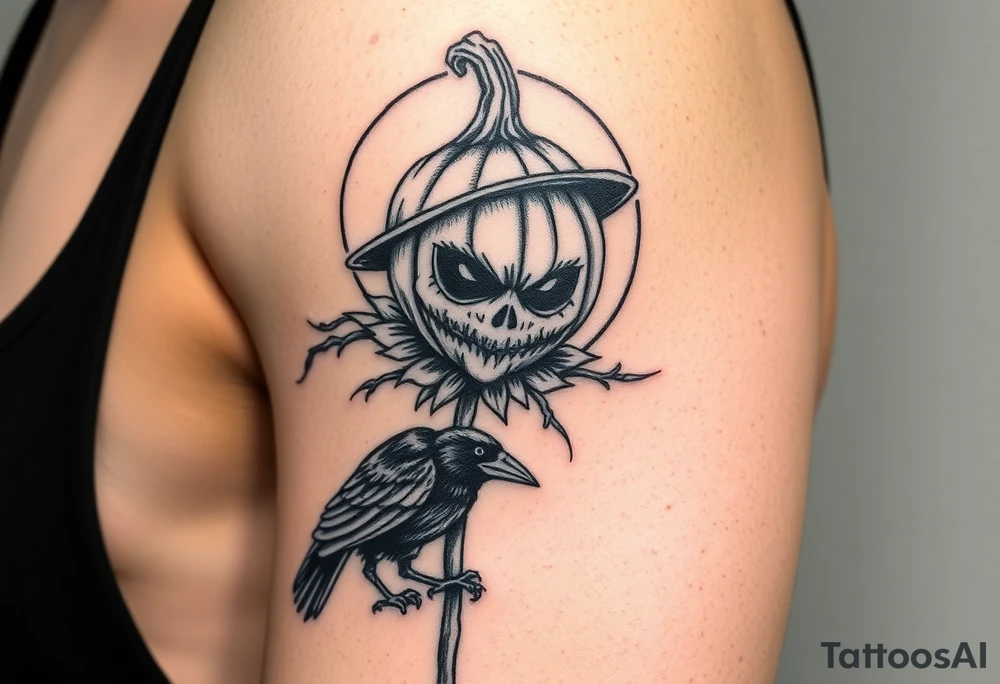 realistic sentinel pumpkin head scarecrow. drawn raven at the base of the scarecrow. full moon in the background tattoo idea