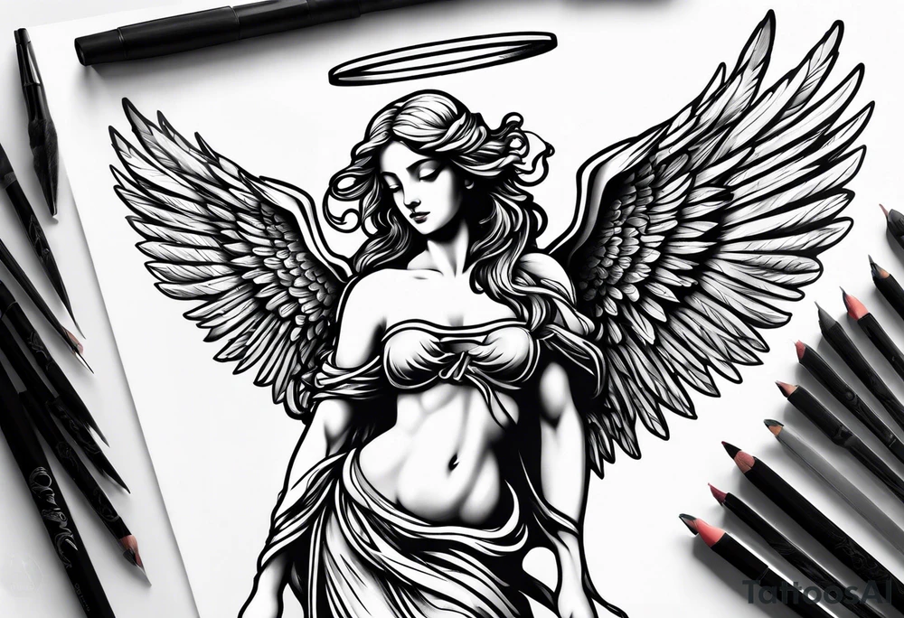 angel in black standing tattoo idea