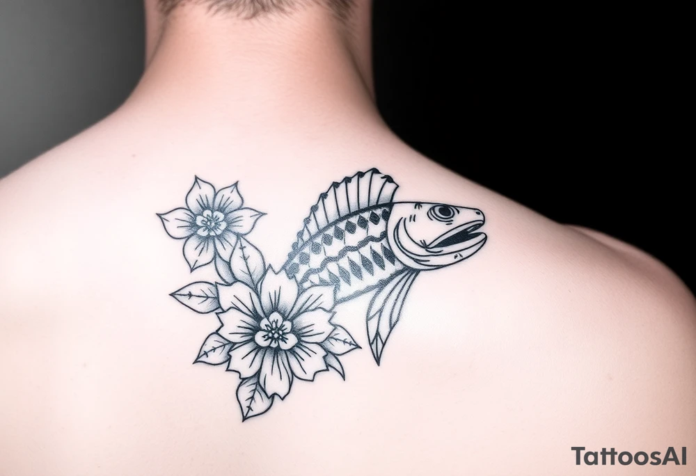 Tiki, Blumen, Wellen, Tintenfisch, Schildkröte, #299 (Klein), schwarz, old school tattoo idea