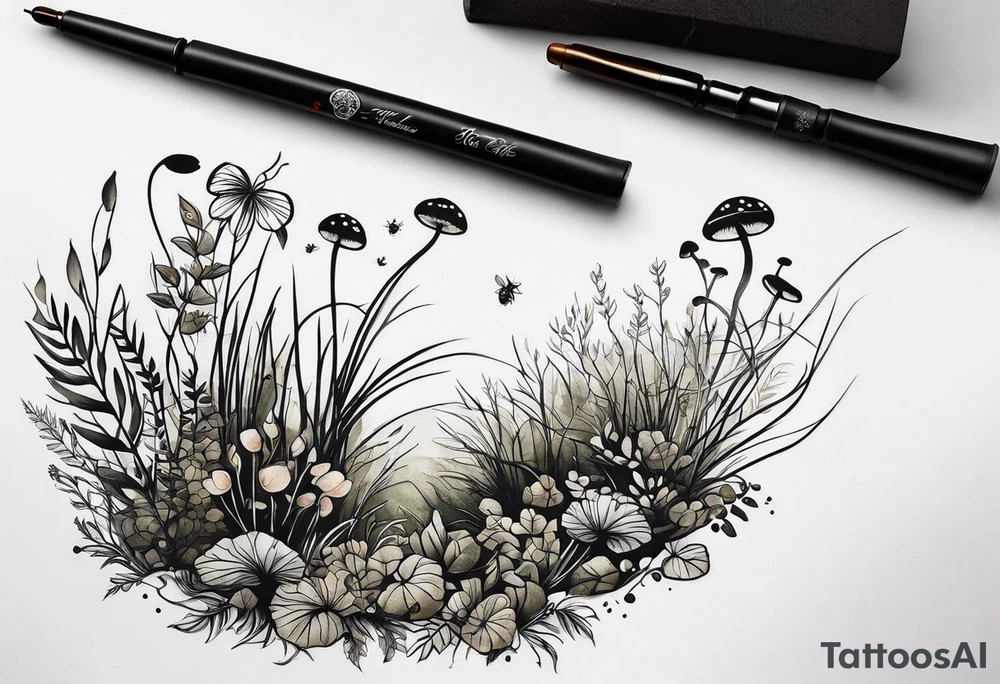 minimalistic forest floor inspired tattoo, which includes grass, moss, curly ferns and dead leaves as the bulk of the tattoo. details to include: forest berries, couple of very small brown mushrooms, a tiny bumblebee flying nearby tattoo idea