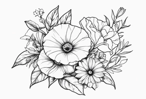 morning glory, and aster flower bouquet tattoo idea