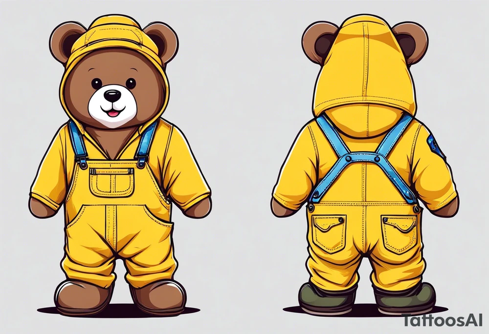 the back of a teddy bear standing in yellow overalls and boots tattoo idea