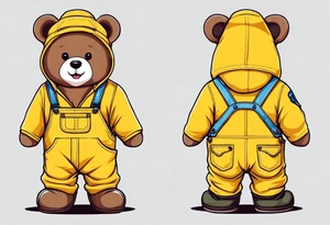 the back of a teddy bear standing in yellow overalls and boots tattoo idea