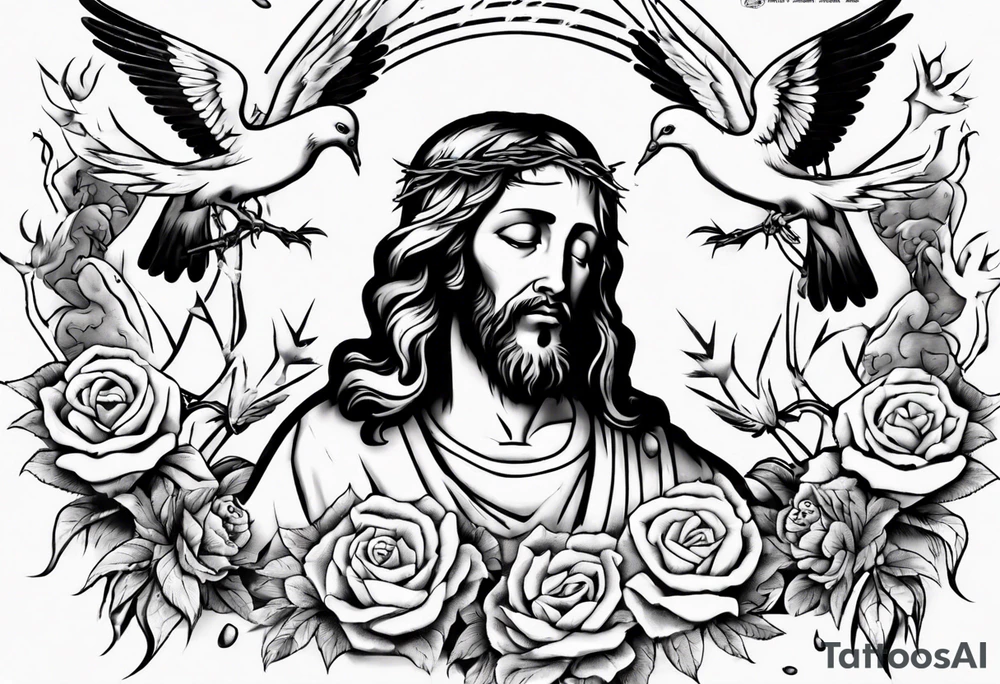 Jesus with thorns and crying, doves, lambs, tattoo idea