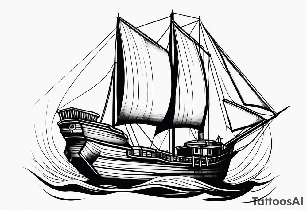 large and dark wooden ship facing left 2 dimensional tattoo idea