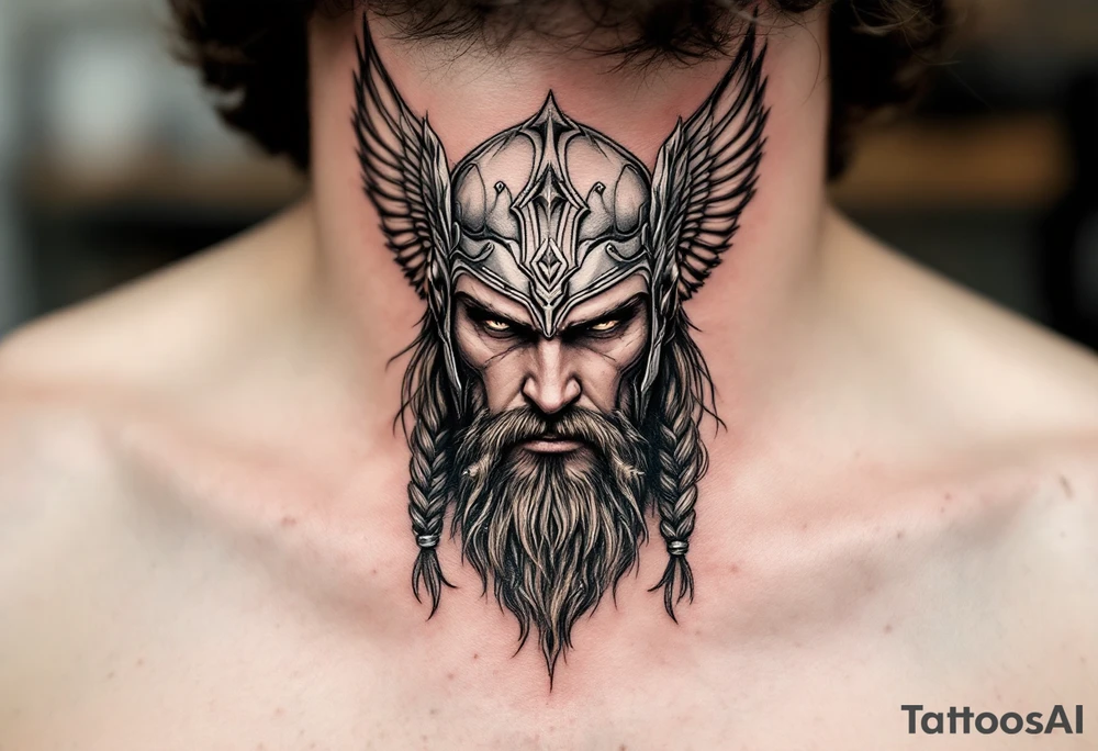 A portrait of Thor wearing a detailed winged helmet, his beard braided with small metallic rings, in hyper-realism with silver and dark brown tones. tattoo idea