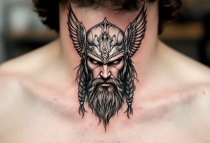 A portrait of Thor wearing a detailed winged helmet, his beard braided with small metallic rings, in hyper-realism with silver and dark brown tones. tattoo idea