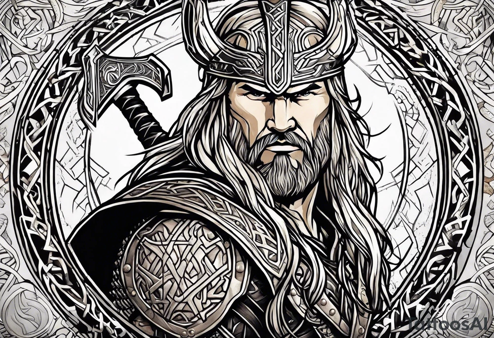 Thor with Viking runes in the background as a vignette tattoo idea