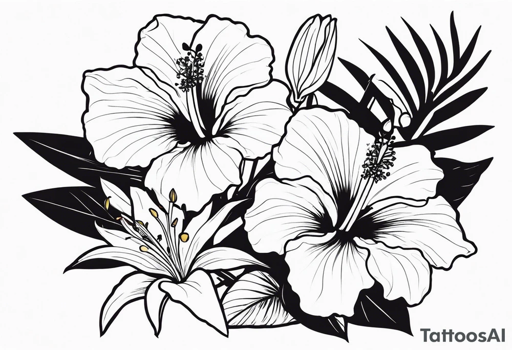 hibiscus and lily flowers in the background with an absent cross overlapping it tattoo idea