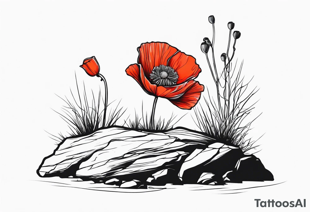 Poppy flower growing from a rock and roots grow down rock tattoo idea