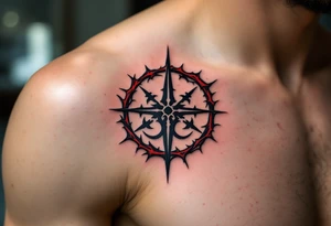 A black protective sigil on parchment-toned skin, encased in a circle of red thorns. tattoo idea