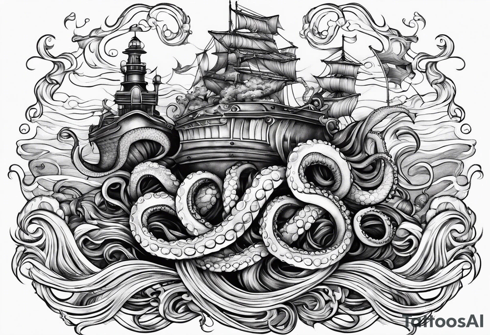 Ocean waves with anchor and octopus tentacles tattoo idea