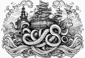 Ocean waves with anchor and octopus tentacles tattoo idea