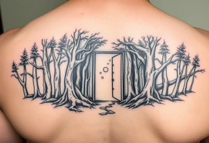 A wooded area with a doorway that is slightly ajar, leading to space tattoo idea