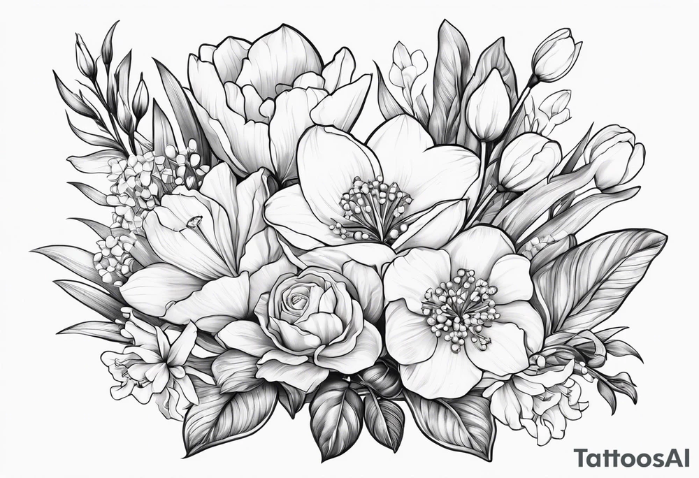 Bouquet
with 1 snowdrop flower 2 carnations 1 rose 1 lily of the valley 1 daffodil 1 peony tattoo idea