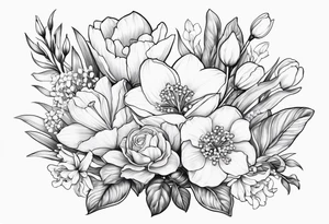 Bouquet 
with 1 snowdrop flower 2 carnations 1 rose 1 lily of the valley 1 daffodil 1 peony tattoo idea